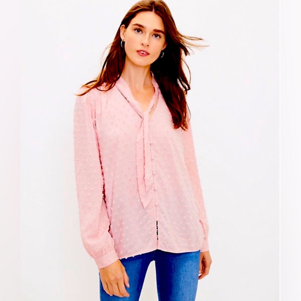 LOFT  NWT Swiss Dot Textured Clip Bow Pink Tie Neck Blouse Size M